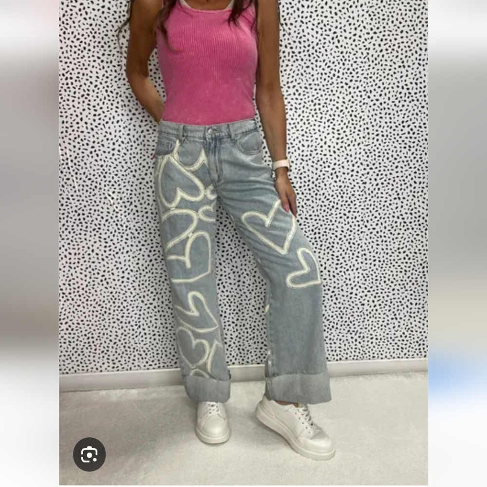 Oli & Hali Light Blue Straight Leg Jeans with Cream Heart Accents